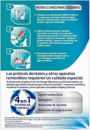 Corega Tabs 3 Minutos, Limpiador de Prótesis Dentales, 30 Tabletas Efervescentes