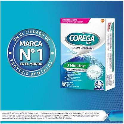 Corega Tabs 3 Minutos, Limpiador de Prótesis Dentales, 30 Tabletas Efervescentes