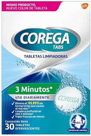 Corega Tabs 3 Minutos, Limpiador de Prótesis Dentales, 30 Tabletas Efervescentes